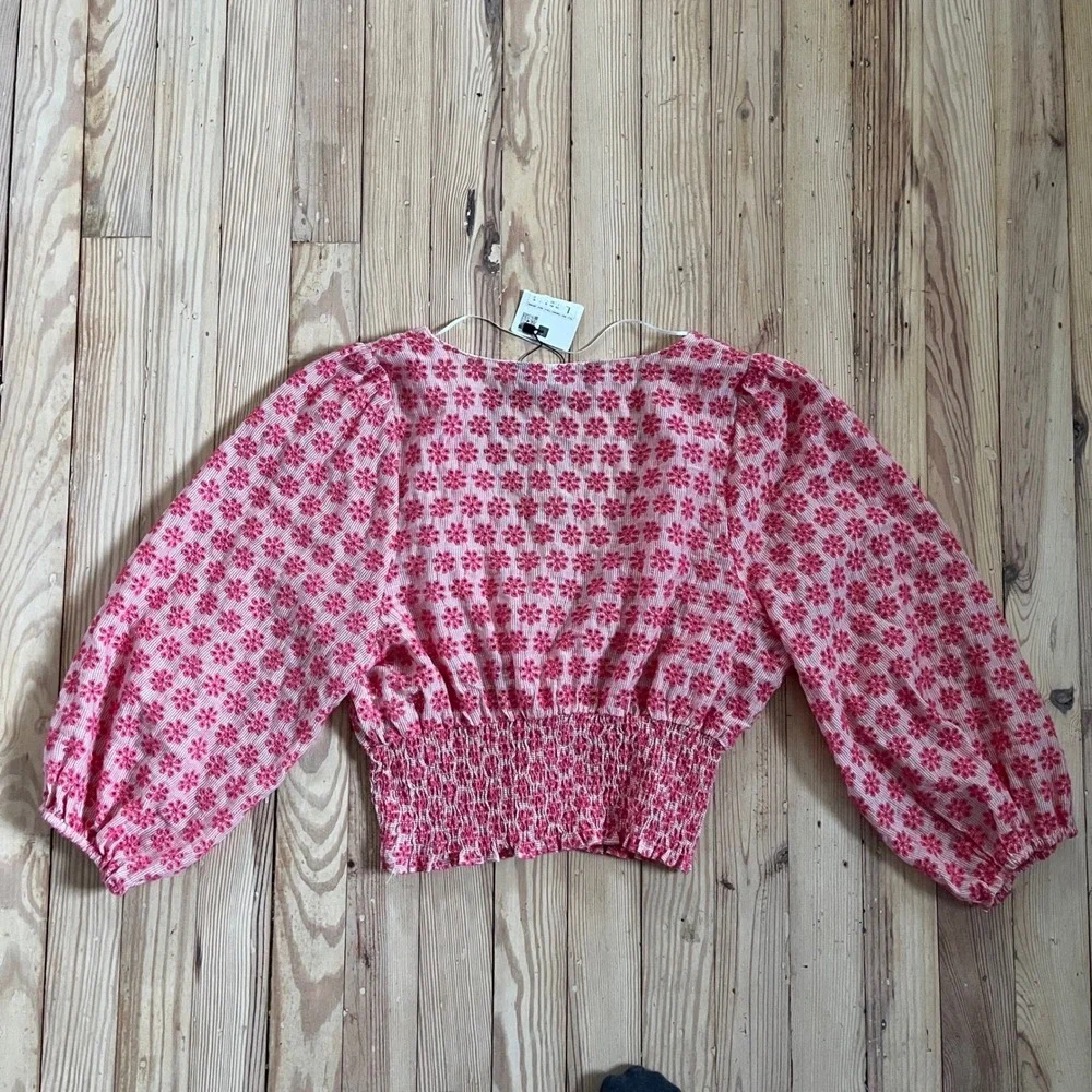 Zara Embroidered Cropped Smocked Blouse Pink‎ Floral Puff Sleeve V Neck Top L